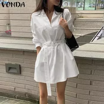 VONDA Women Summer Lapel Long Sleeve Pockets Dresses 5XL