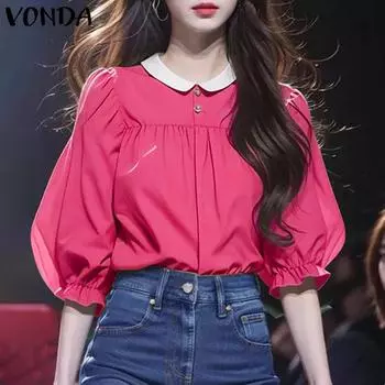 VONDA Women Summer Lapel Neck Puff Sleeve Button Ruffled Elegant Casual Blouse 3XL темно-розовый