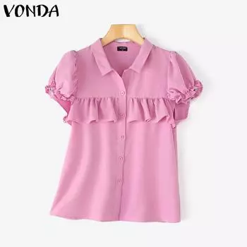 VONDA Women Summer Lapel Neck Short Sleeve Ruffled Buttons Casual Shirts L розовый