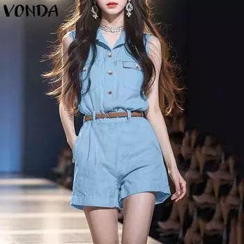 VONDA Women Summer Lapel Neck Sleeveless Buttons Elastic Waist Casual Jumpsuits Rompers 2XL синий