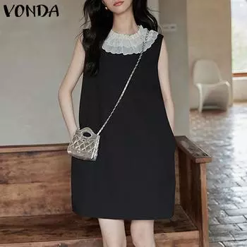VONDA Women Summer Layered Lace Round Neck Sleeveless Dresses 3XL чёрный