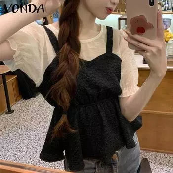 VONDA Women Summer Mesh Stitching Round Neck Short Sleeve Blouses S чёрный