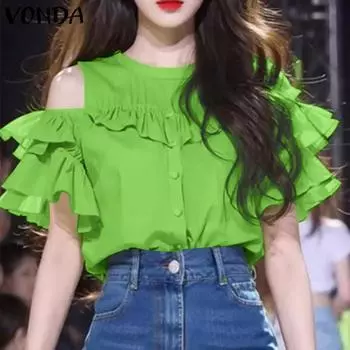 VONDA Women Summer O-neck Cold Shoulder Ruffled Casual T-shirts S зелёный