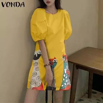 VONDA Женские летние платья с круглым вырезом и коротким рукавом с милым принтом Сарафан 5XL