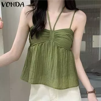 VONDA Women Summer Off-shoulder Pleated Solid Color Camisoles L чёрный