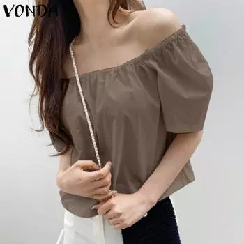 VONDA Женская летняя свободная блузка с открытыми плечами и короткими рукавами S хаки