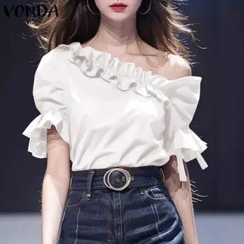 VONDA Women Summer Off Shoulder Puff Short Sleeved Solid Color Blouses S белый
