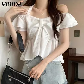 VONDA Women Summer Off-Shoulder Ruffled Short-Sleeve Solid Color Blouses M синий