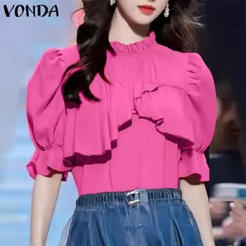 VONDA Women Summer Puff Short Sleeve Ruffled Layers Casual T-shirts M оранжевый