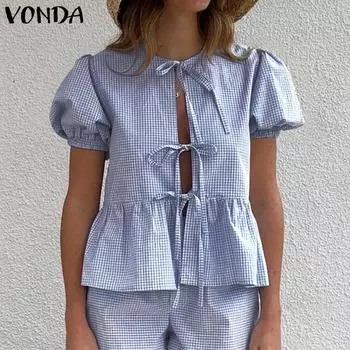 VONDA Women Summer Puff Sleeve Plaid Print Front Bow Knot Ruffled T-shirts Tops S жёлтый