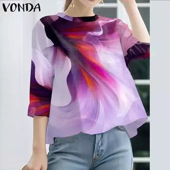 VONDA Women Summer Round Neck 3/4 Sleeve Tie-Dye Printed Blouses S фиолетовый