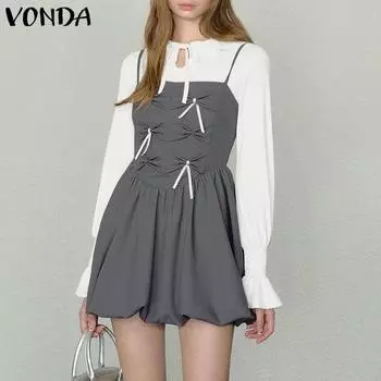 VONDA Women Summer Round Neck Long Sleeve Fake Two Piece Contrast Color Dresses S серый