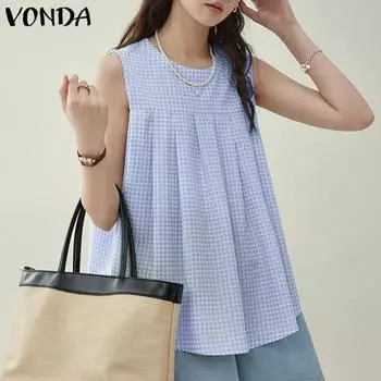 VONDA Women Summer Round Neck Plaid Loose Tanks S зелёный