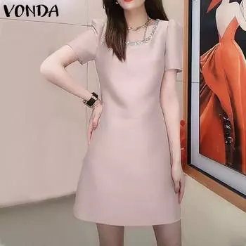 VONDA Женское летнее свободное платье трапециевидной формы с круглым вырезом и коротким рукавом S зелёный