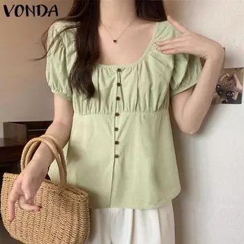 VONDA Women Summer Round Neck Puff Short Sleeve Solid Color Blouses S жёлтый