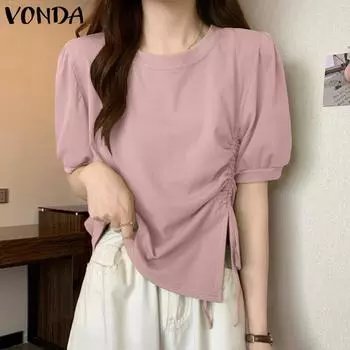 VONDA Women Summer Round Neck Puff Sleeve Drawstring Solid Color Loose Blouses