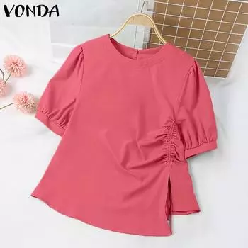 VONDA женские летние свободные блузки с круглым вырезом и пышными рукавами, однотонные однотонные блузки 2XL арбуз красный