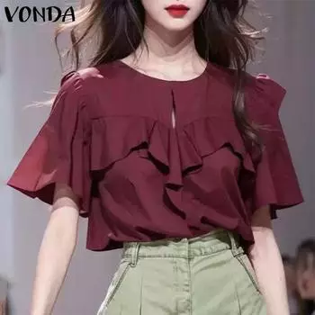 VONDA Женская летняя рубашка с круглым вырезом и коротким рукавом с оборками 3XL вино красного