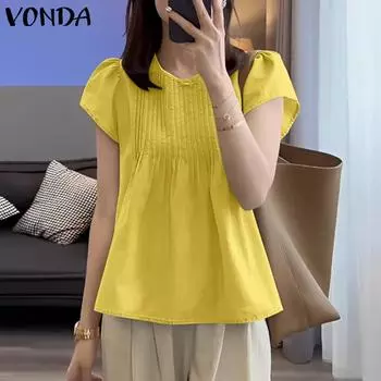 VONDA Women Summer Round Neck Short Sleeve Striped Pleated Solid Color Loose Blouse