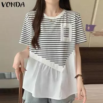 VONDA Women Summer Round Neck Short Sleeve Striped Patchwork Blouses S чёрный