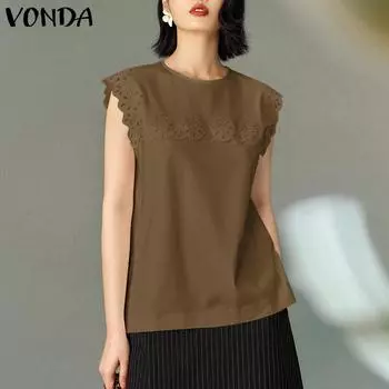 VONDA Women Summer Round Neck Sleeveless Floral Blouses S синий