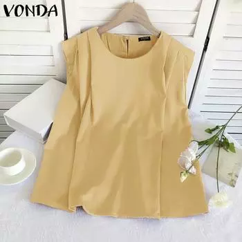 VONDA Women Summer Round Neck Sleeveless Solid Color Vests 2XL жёлтый