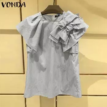 VONDA Women Summer Round Neck Striped Short Sleeve Tie Blouses M чёрный