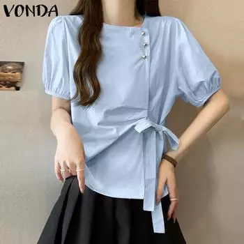 VONDA Женские летние блузки с коротким рукавом и круглым вырезом, плиссированные, с завязками на шее 3XL жёлтый