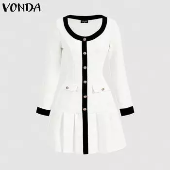 VONDA Women Summer Round Neck Waist Long Sleeve Dresses S розовый