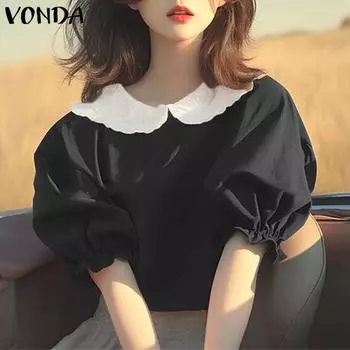 VONDA Women Summer Ruffle Contrast Lapel Puff Short Sleeve Blouses 2XL чёрный