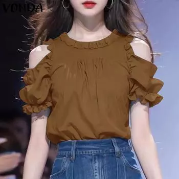 VONDA Women Summer Ruffle Round Neck Off Shoulder Short Sleeve Solid Color Blouses 5XL синий