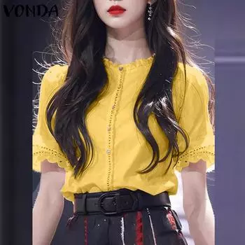 VONDA Женские летние рубашки с оборками и круглым вырезом с короткими рукавами 4XL жёлтый