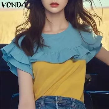 VONDA Women Summer Ruffle Round Neck Short Sleeve Splicing Blouses XL оранжевый