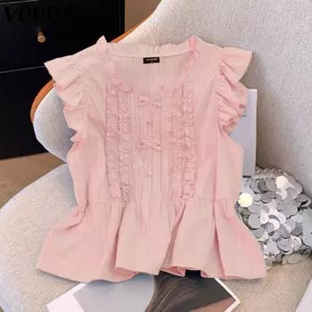 VONDA Women Summer Ruffle Round Neck Sleeveless Pleated Blouses S жёлтый