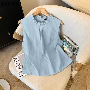 VONDA Женские летние однотонные жилеты без рукавов с оборками и круглым вырезом 3XL