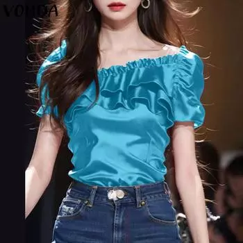 VONDA Женские летние блузки с короткими рукавами и оборками, квадратным вырезом и буфами 3XL красный