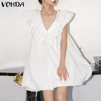 VONDA Women Summer Ruffle V-Neck Solid Color Sleeveless Dresses S чёрный