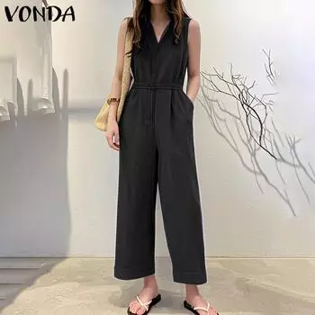 VONDA Women Summer Sleeveless Zip-Up Demin Blue Belt Waist Long Jumpeuits Overalls S темно-синий
