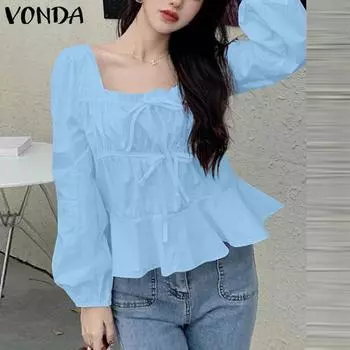 VONDA Женские летние блузки с квадратным вырезом и длинным рукавом с завязками 3XL розовый