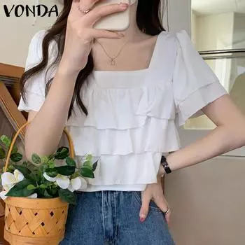 VONDA Women Summer Square Neck Layered Ruffle Short Sleeve Blouses S синий