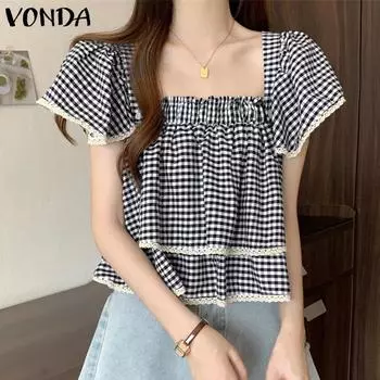 VONDA Women Summer Square Neck Plaid Lace Short Sleeve Loose Blouses S красный
