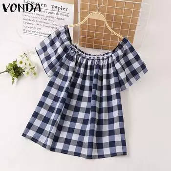VONDA женская летняя свободная блузка в клетку с квадратным вырезом и коротким рукавом M темно-синий