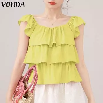 VONDA Women Summer Square Neck Short Sleeve Layered Ruffle Blouses S жёлтый