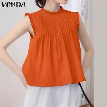 VONDA Women Summer Stand Collar Ruffle Sleeveless Blouses 5XL розовый