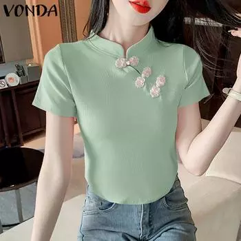 VONDA Женские летние рубашки с коротким рукавом и воротником-стойкой с цветочным принтом S зелёный