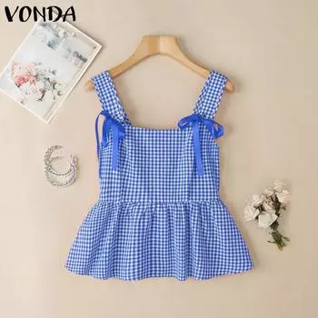 VONDA Women Summer Strap Bow Knot Sleeveless Plaid Print Casual Tank Tops S красный