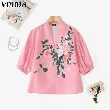 VONDA Women Summer V Neck 3/4 Sleeve Floral Print Smooth Casual Blouse Tops S розовый