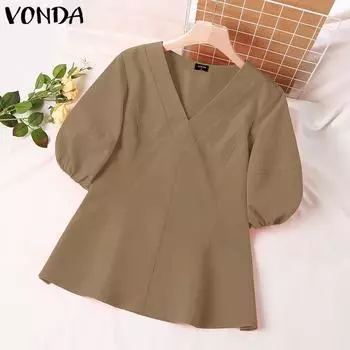 VONDA Женская летняя плиссированная однотонная блузка с v-образным вырезом и короткими рукавами, свободная блузка с рюшами S оранжевый