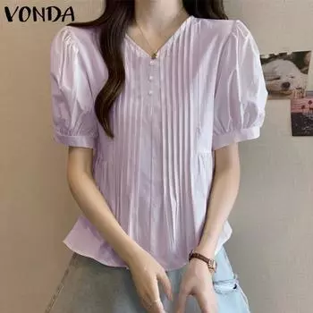 VONDA Women Summer V-Neck Puff Short Sleeve Striped Loose Blouses S