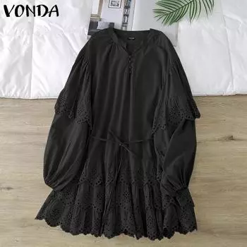 VONDA Women Summer V-Neck Ruffle Long Sleeve Printed Dresses S чёрный